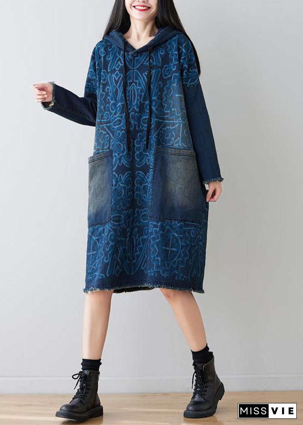 Navy Patchwork Pockets Print Denim Dress Hooded Spring