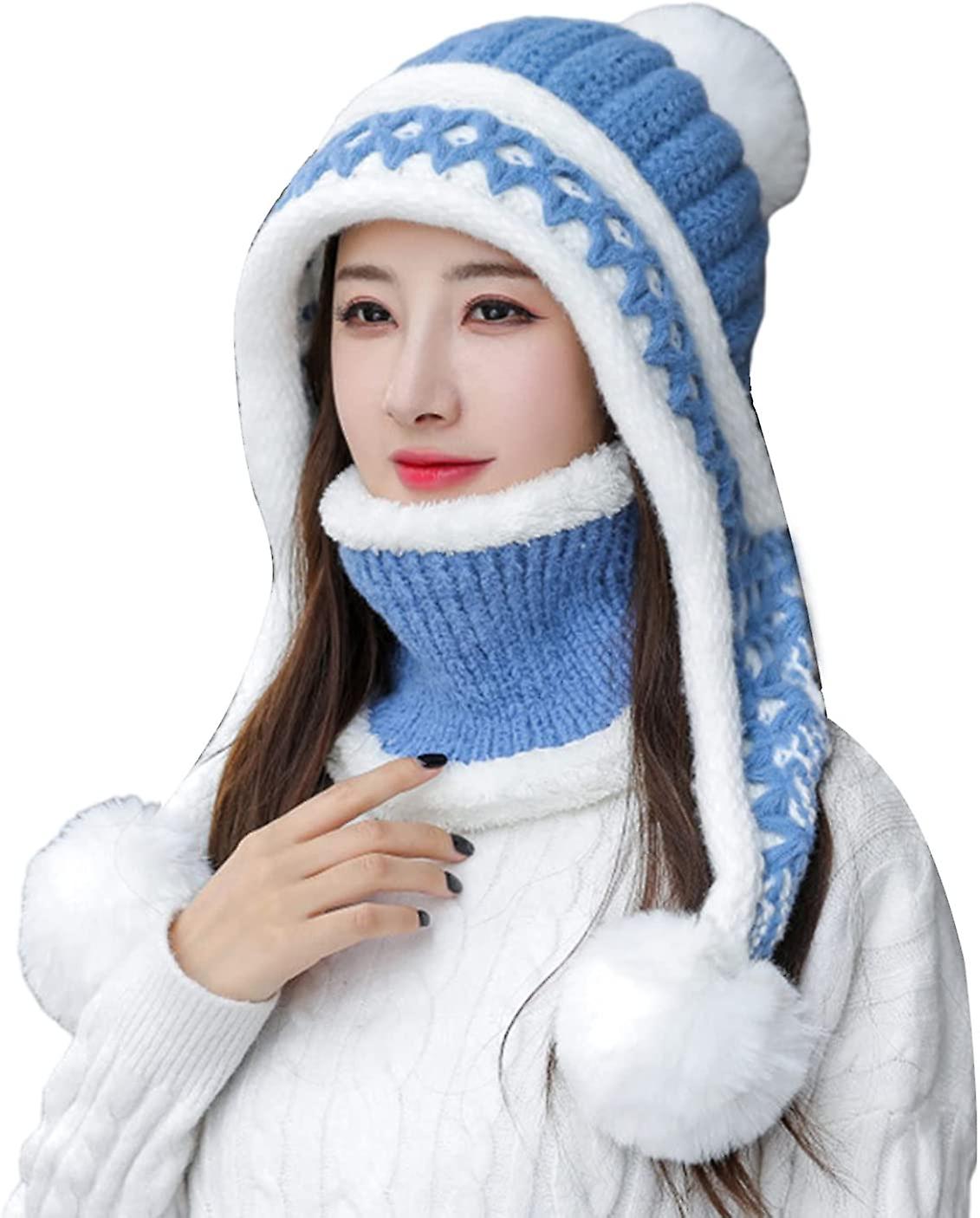 Women Winter Beanie Hat Peruvian Circle Scarf Set Ski Ear Flaps Caps Dual Layered Fleece Lined Pompoms Z15022-blue -