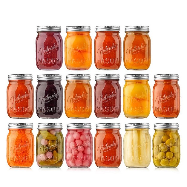 Nutrichef 16 Pcs Glass Mason Jars With Regular Lids And Bands Diy Magnetic Spice Jars Ideal For Meal Prep Jam Honey Wedding Favors And More