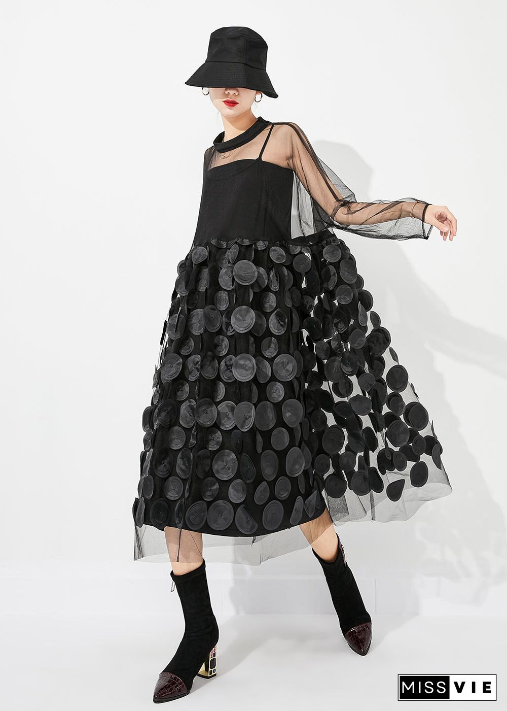 Casual Black Oversized Patchwork Hollow Out Tulle Long Dress Summer