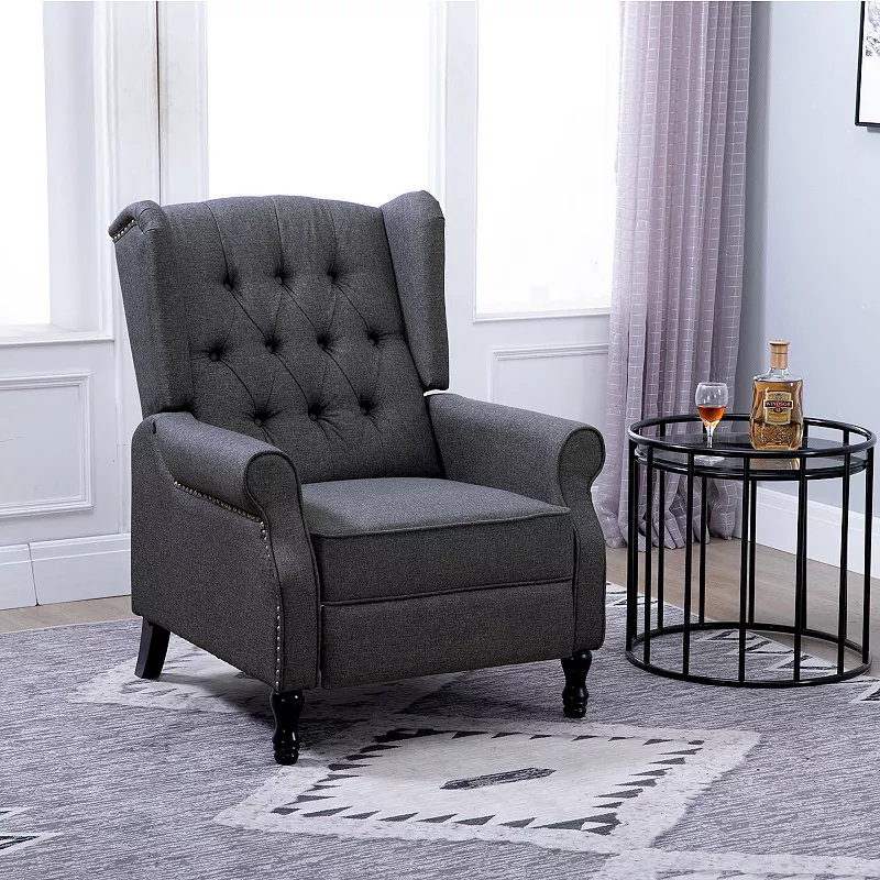 HOMCOM Fabric Upholstered Wingback Recliner Tufted Back Linen Arm Chair with Footrest Armrest Padded Cushion Dark Grey