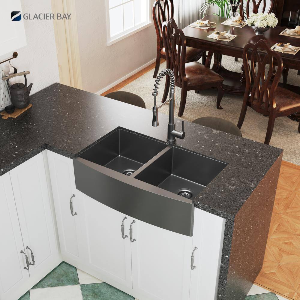 Glacier Bay Gunmetal Black Stainless Steel 33 in. 18-Gauge Double Bowl Farmhouse Kitchen Sink ACS3321A2Q