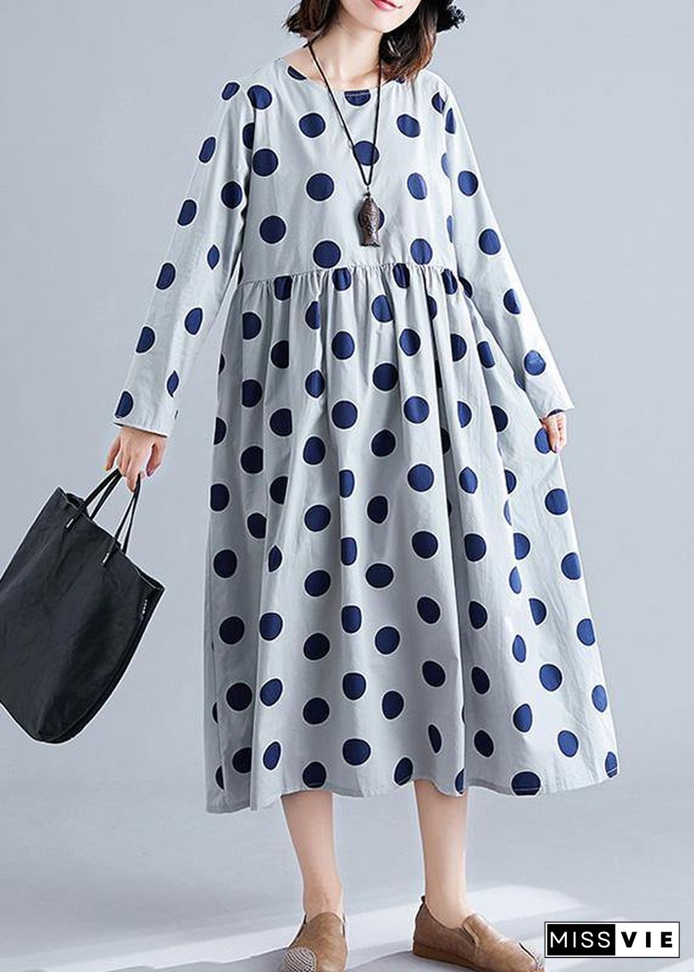 French gray o neck Chiffon clothes For Women dotted Traveling fall Dress