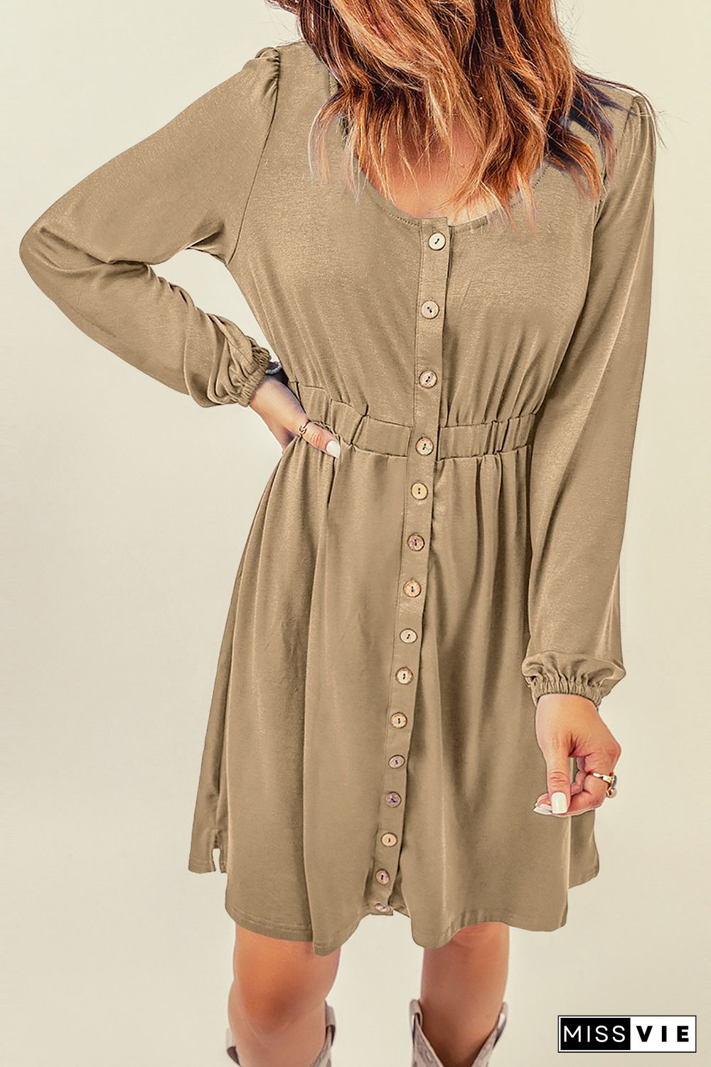 Khaki Button Up High Waist Long Sleeve Dress