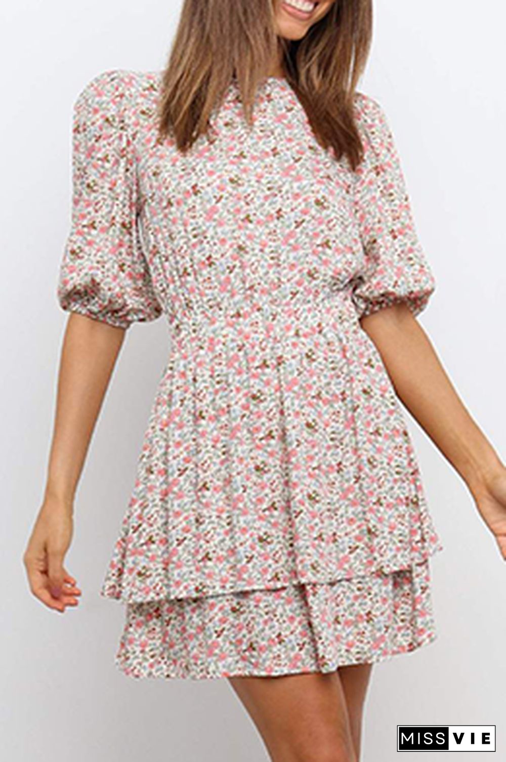 Casual Sweet Floral Split Joint Flounce O Neck Waist Skirt Dresses