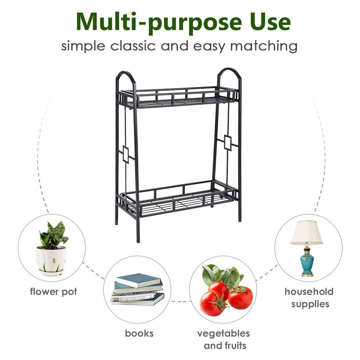 2 Tier Outdoor Metal Plant Stand Flower Pot Holder Freestanding Display Shelf Rack