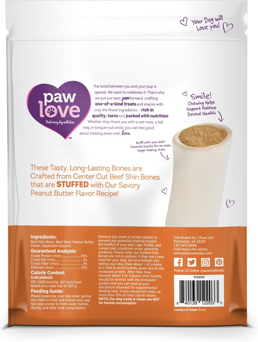 PawLove 5.5-in Peanut Butter Stuffed Shin Bone Dog Treat， 2 count