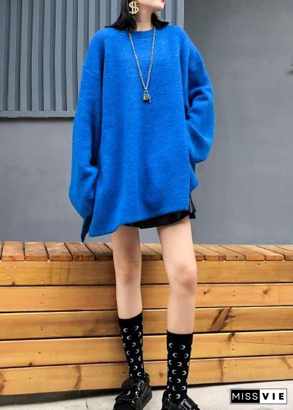 Fashion blue knitted pullover plus size clothing winter knit tops side open