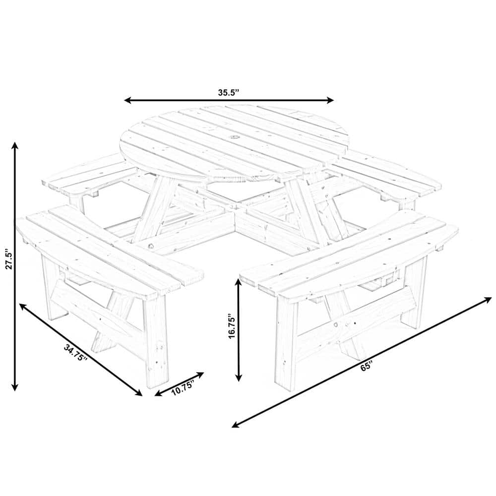 GARDENISED Stained 8Person Round Wooden Outdoor Patio Garden Picnic Table with Bench