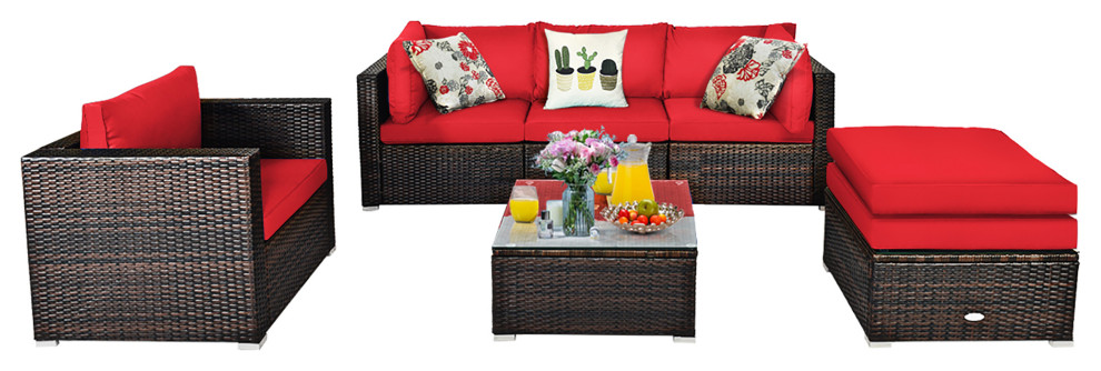 Costway 6PCS Patio Rattan Furniture Set Cushion Sofa Coffee Table   Tropical   Outdoor Lounge Sets   by Costway INC.  Houzz