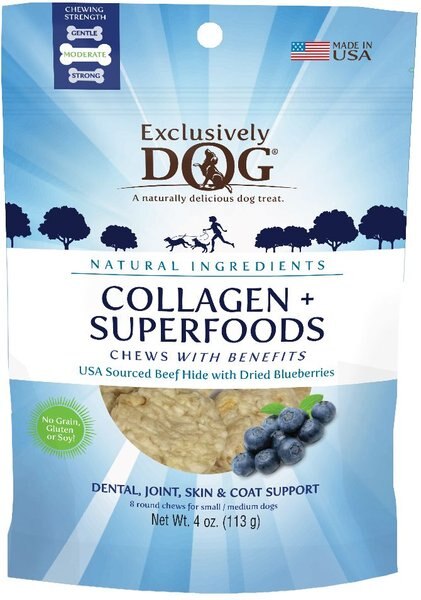 Exclusively Pet Collagen + Superfood Chews Blueberry Dog Dental Treats， 4-oz bag