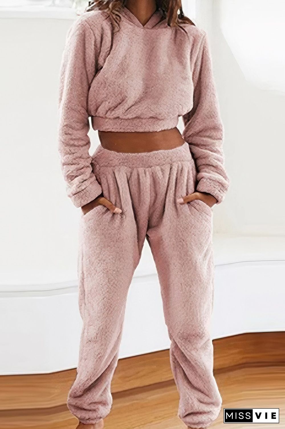 Fuzzy Crop Hoodie & Dual Pocket Pants Set