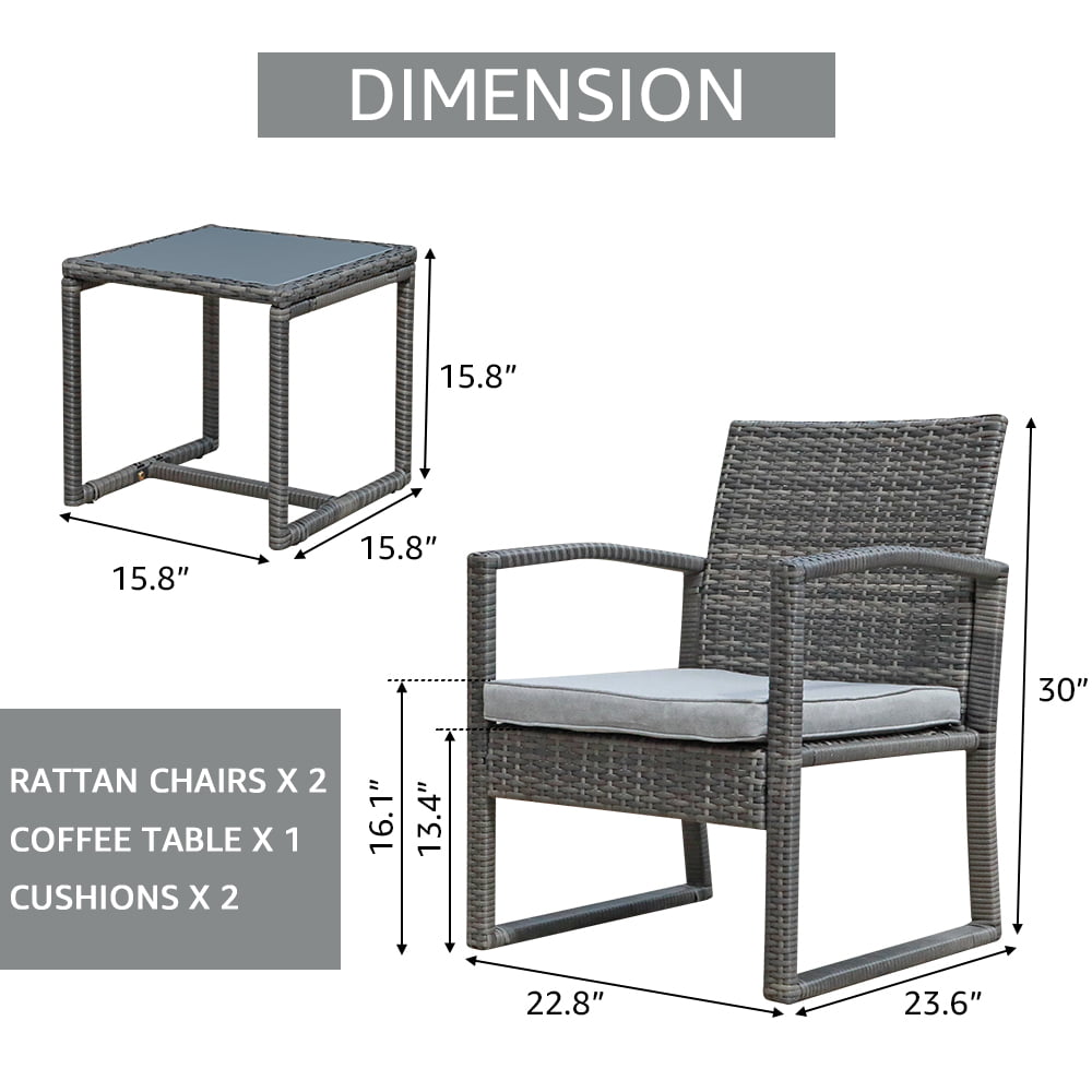 Patiorama 3 Piece Outdoor Modern Bistro Set， Wicker Conversation Set， Patio Rattan Chair Set， Patio Furniture Set with Coffee Table， Garden (Grey)