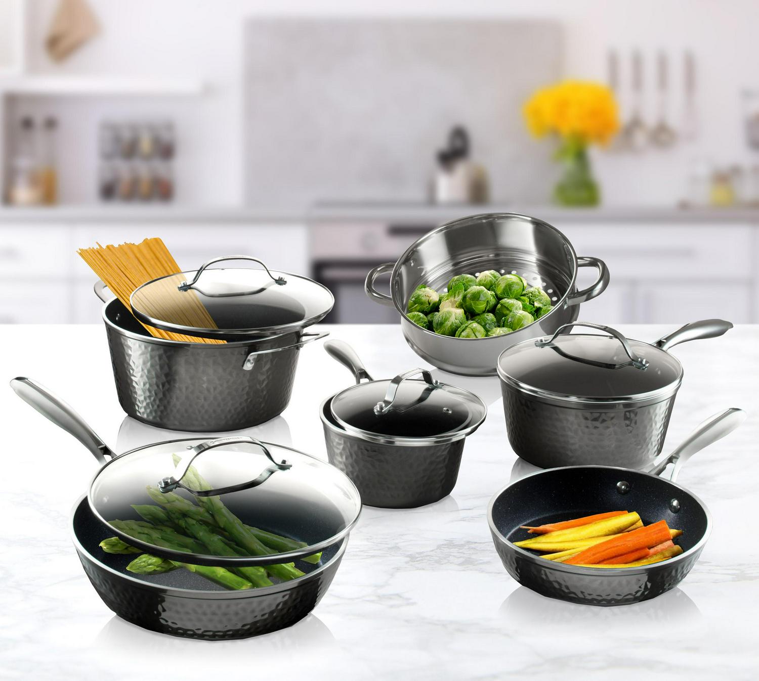 Granite Stone Hammered Titanium Non-Stick Diamond Infused 10 Piece Cookware Set with Glass Lids， Oven Safe， Dishwasher Safe