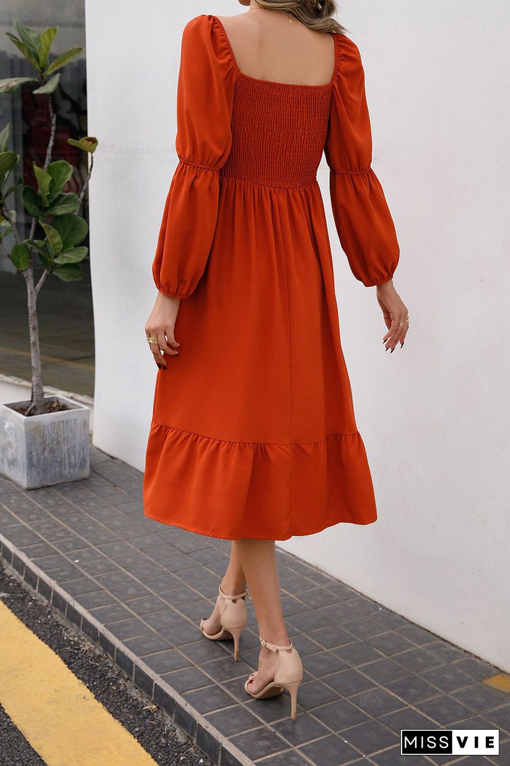 Casual Solid Split Joint Square Collar Waist Skirt Dresses