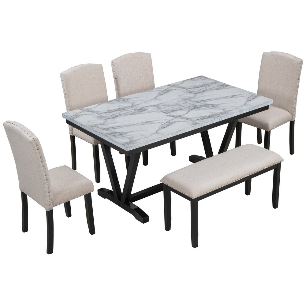 6 Piece White Dining Table Set with 4 Dining Chairs   Bench