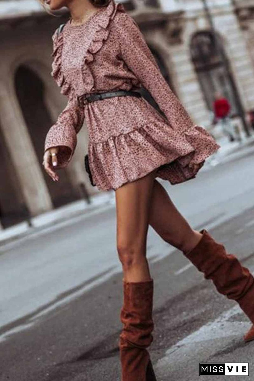 Ruffle Print Long Sleeves Mini Dress