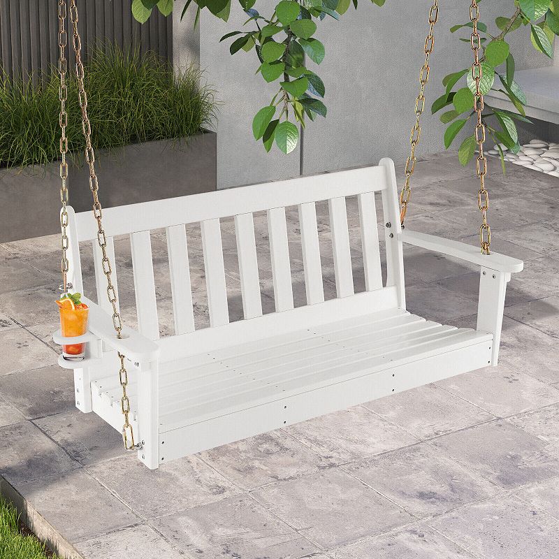 54 Inch HDPE Patio Porch Swing with Cup Holder-White