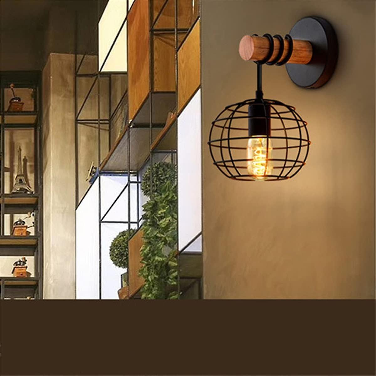 Led Wall Sconce Round Interior Industrial Metal And Wood Vintage Wall Lighting Cage Light For Bedroom Kitchen Dining Room (b)