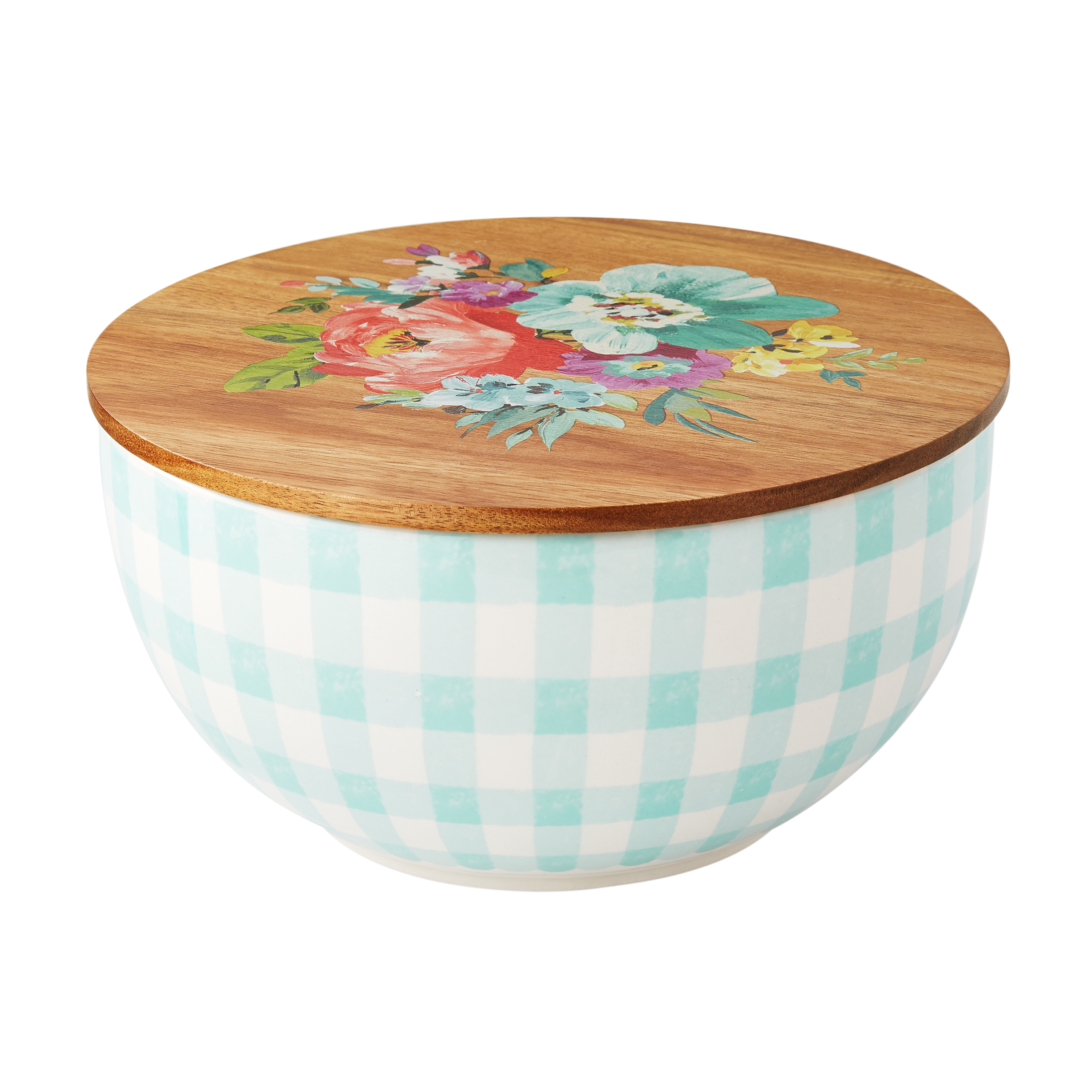 The Pioneer Woman 3-Piece Floral Check Ceramic Lidded Bowl Set