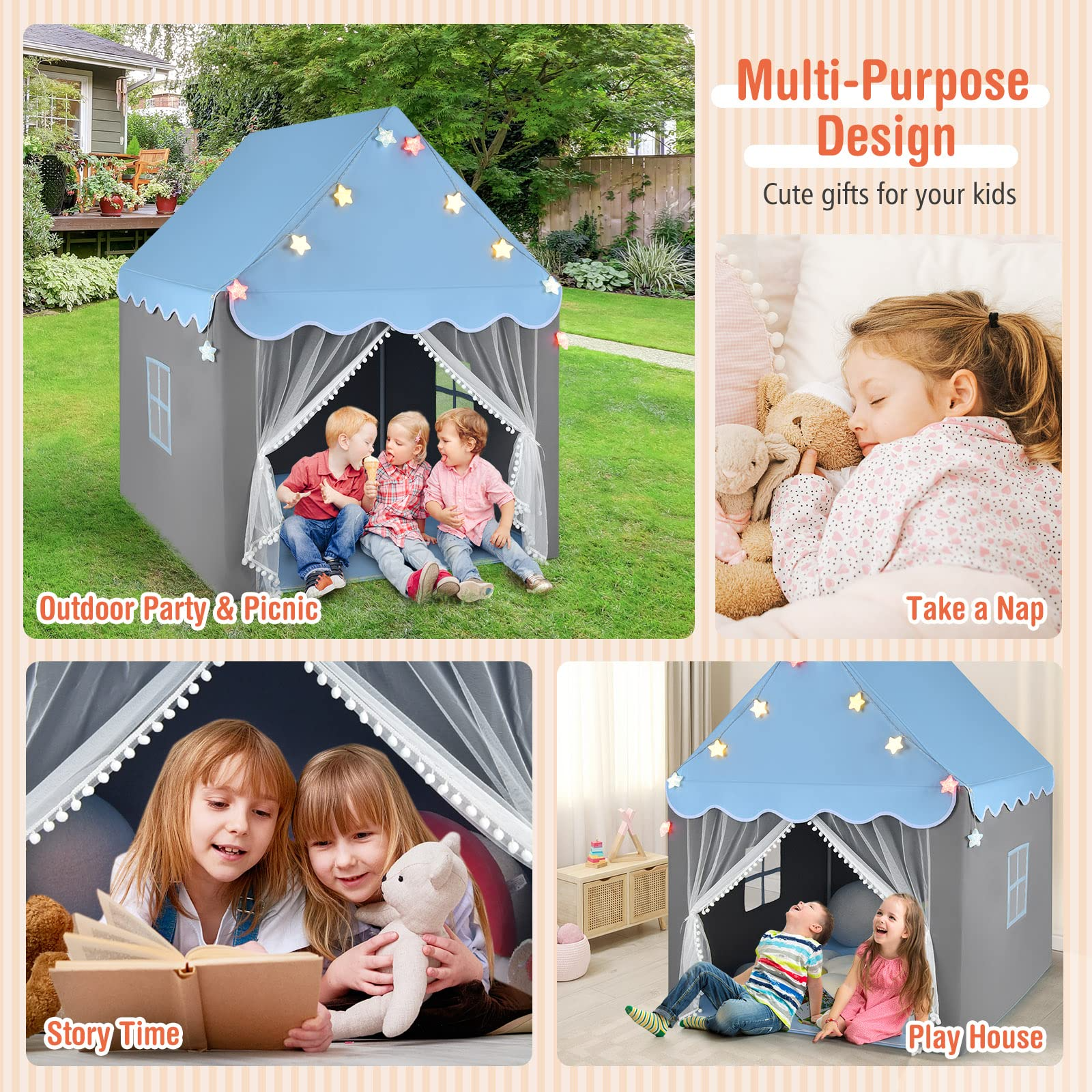 Costzon Kids Play Tent, Playhouse Tent w/ Washable Cotton Mat, Star String Lights