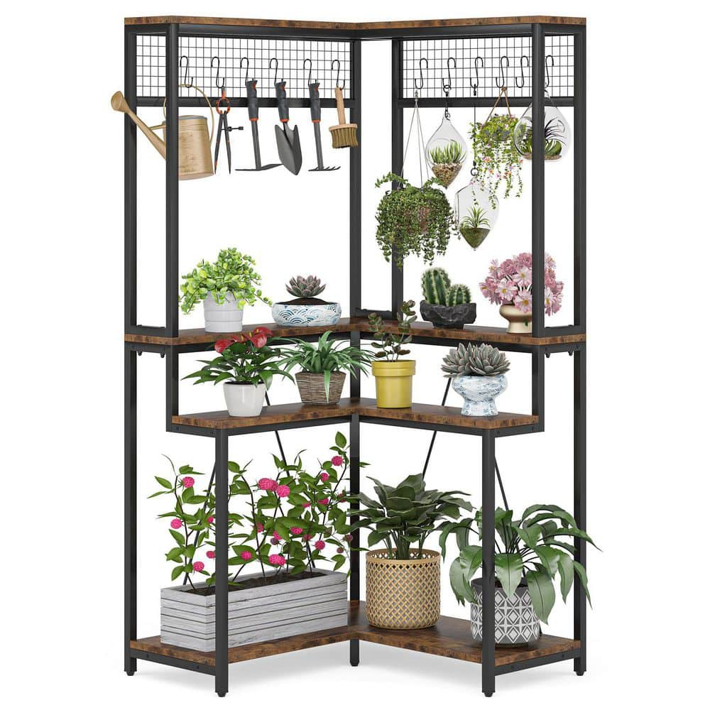 TRIBESIGNS WAY TO ORIGIN Eileen 67 in. Brown 4-Tier Wood Corner Plant Stand 15 S-Shaped Hanging Hooks Potted Organizer Rack Tall Shelving Holder HD-JW0342-WZZ