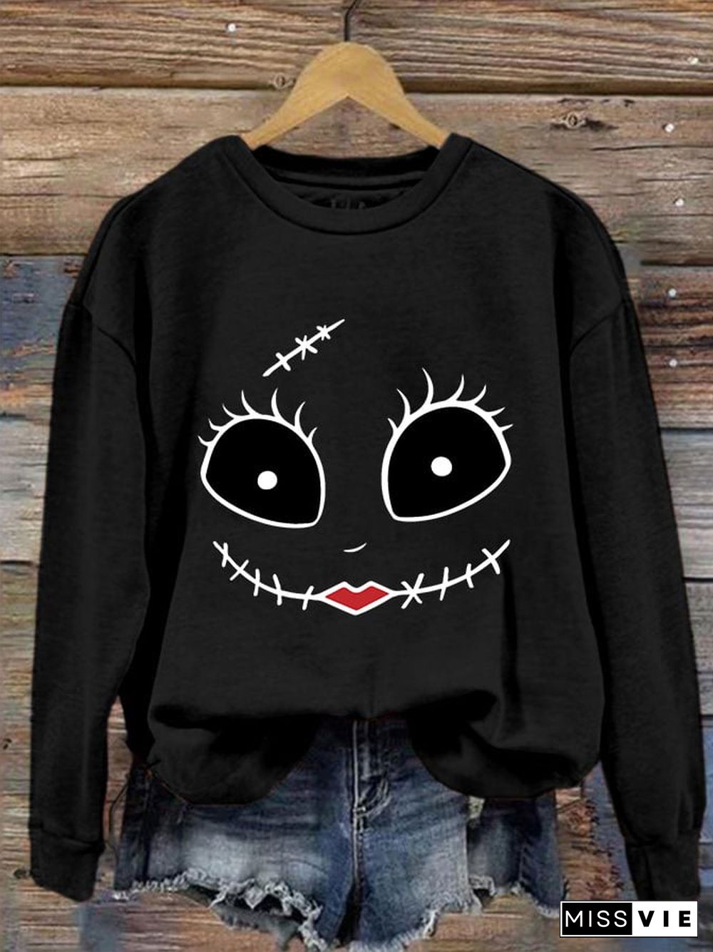 Women's Halloween Sally Happy Face Funny Sweatshirt