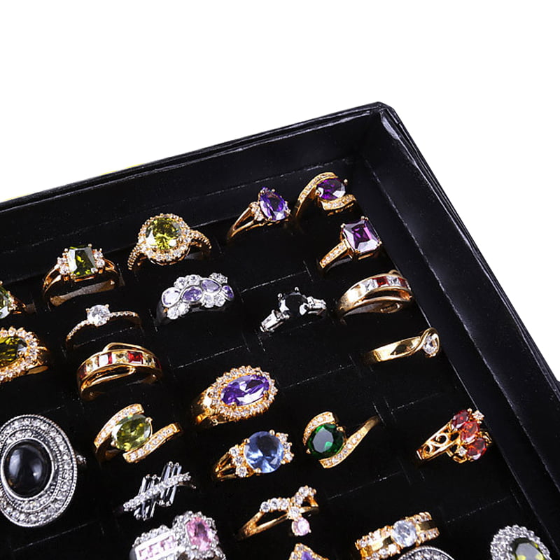 Velvet 100 Slots Ring Earrings Display Box Showcase Storage Case Holder Tray Jewelry Organizer Boxes with Lid Black