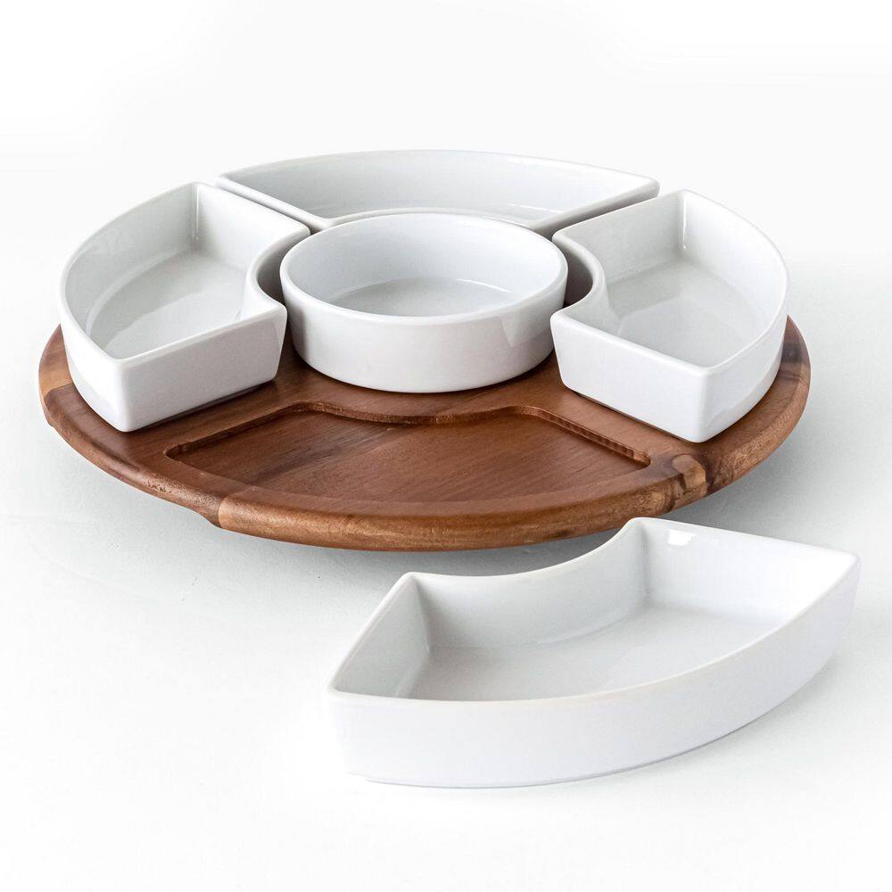 Over and Back 13.98 in. White Porcelain Round Serving Bowl Chip and Dip Lazy Susan (Number of pieces 6) 937103