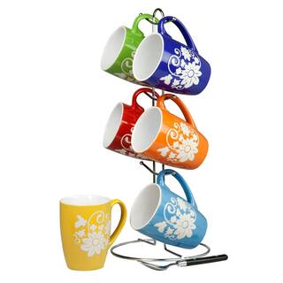 Home Basics 6 Piece Floral Mug Set with Stand Multi-Color HDC50676