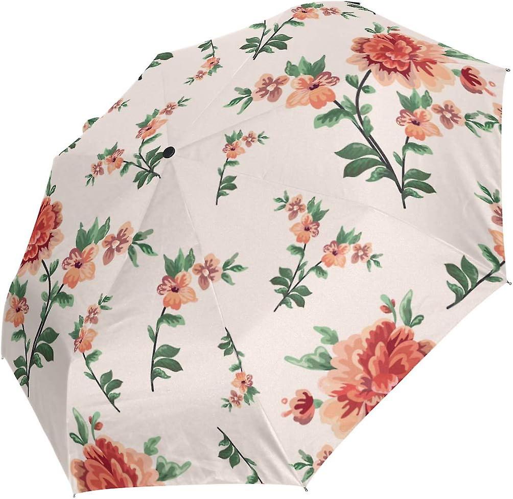 Travel Umbrella Automatic Windproof Foldable Umbrella Elegant Flowers Leaves