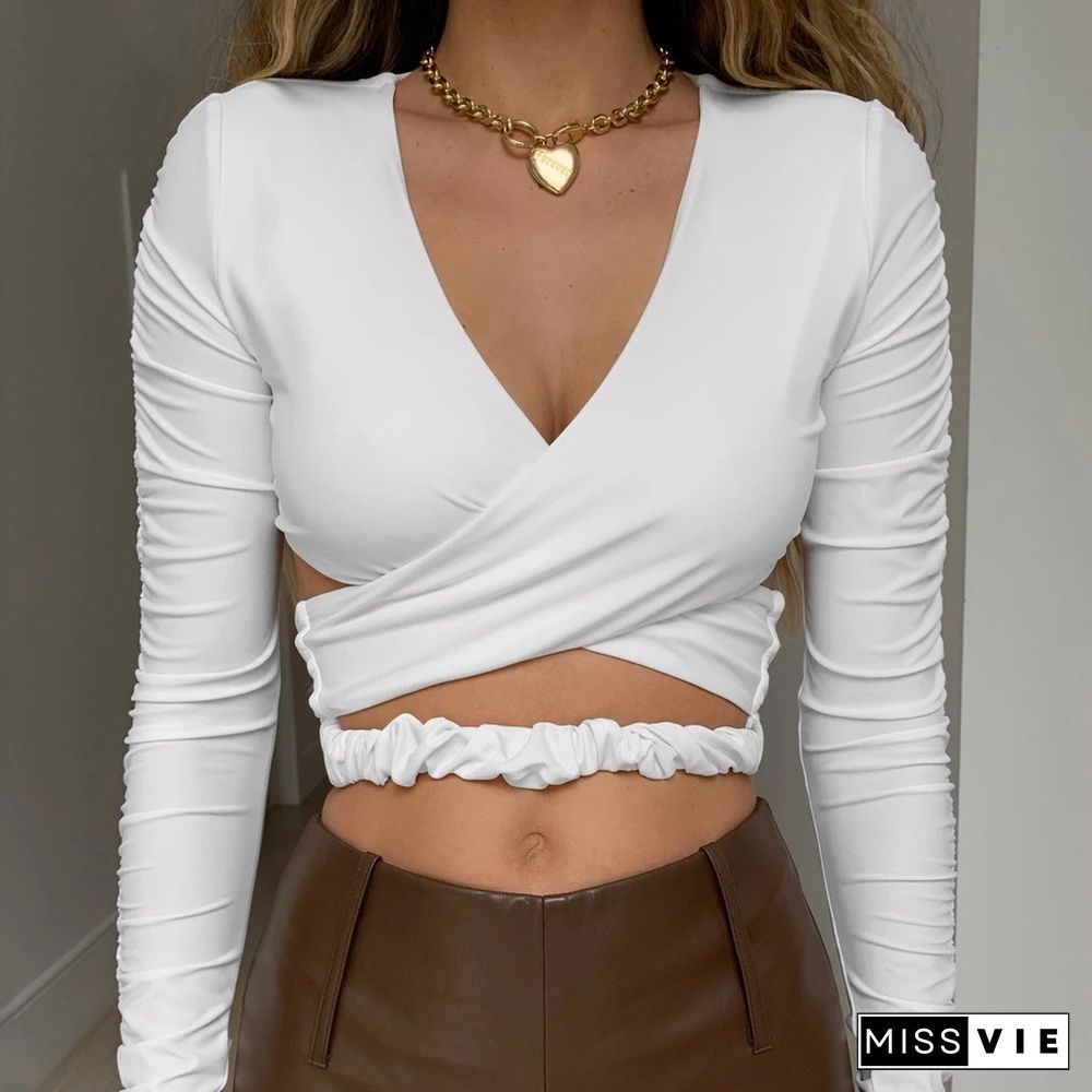 Fashion Elegant White Wrap Women's Top Long Sleeve Cropped Top T-Shirts Autumn Cut Out Backless Top Tees Slim