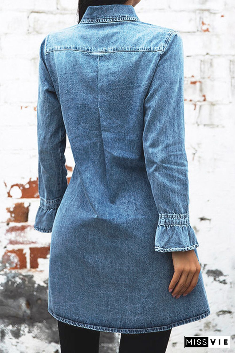 Washed Button Up Denim Mini Dress with Pockets