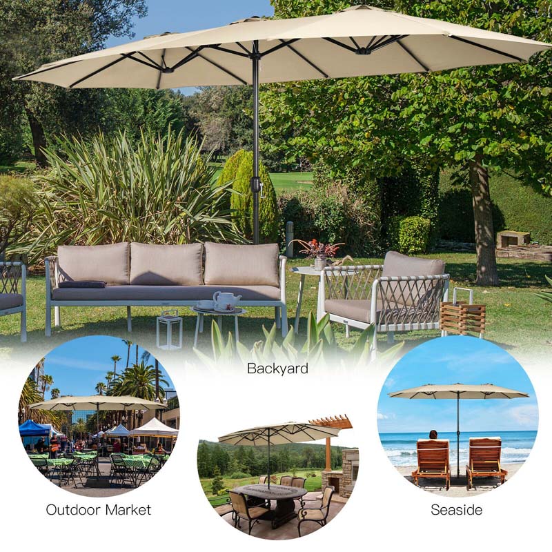 15FT Double-Sided Twin Patio Umbrella with Base & Crank System, Extra-Large Cantilever Market Umbrella