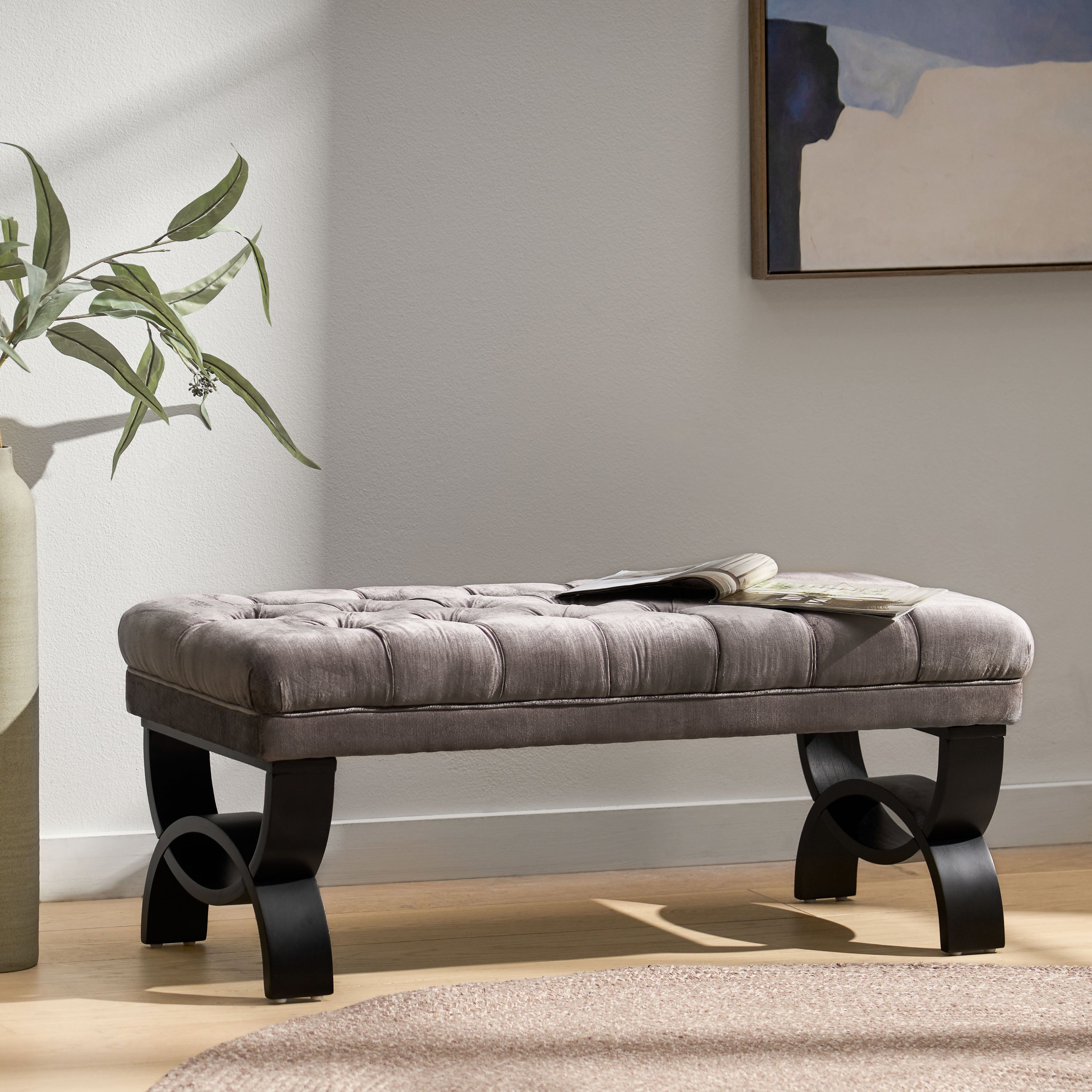 Euler Contemporary Button-Tufted Velvet Ottoman Bench