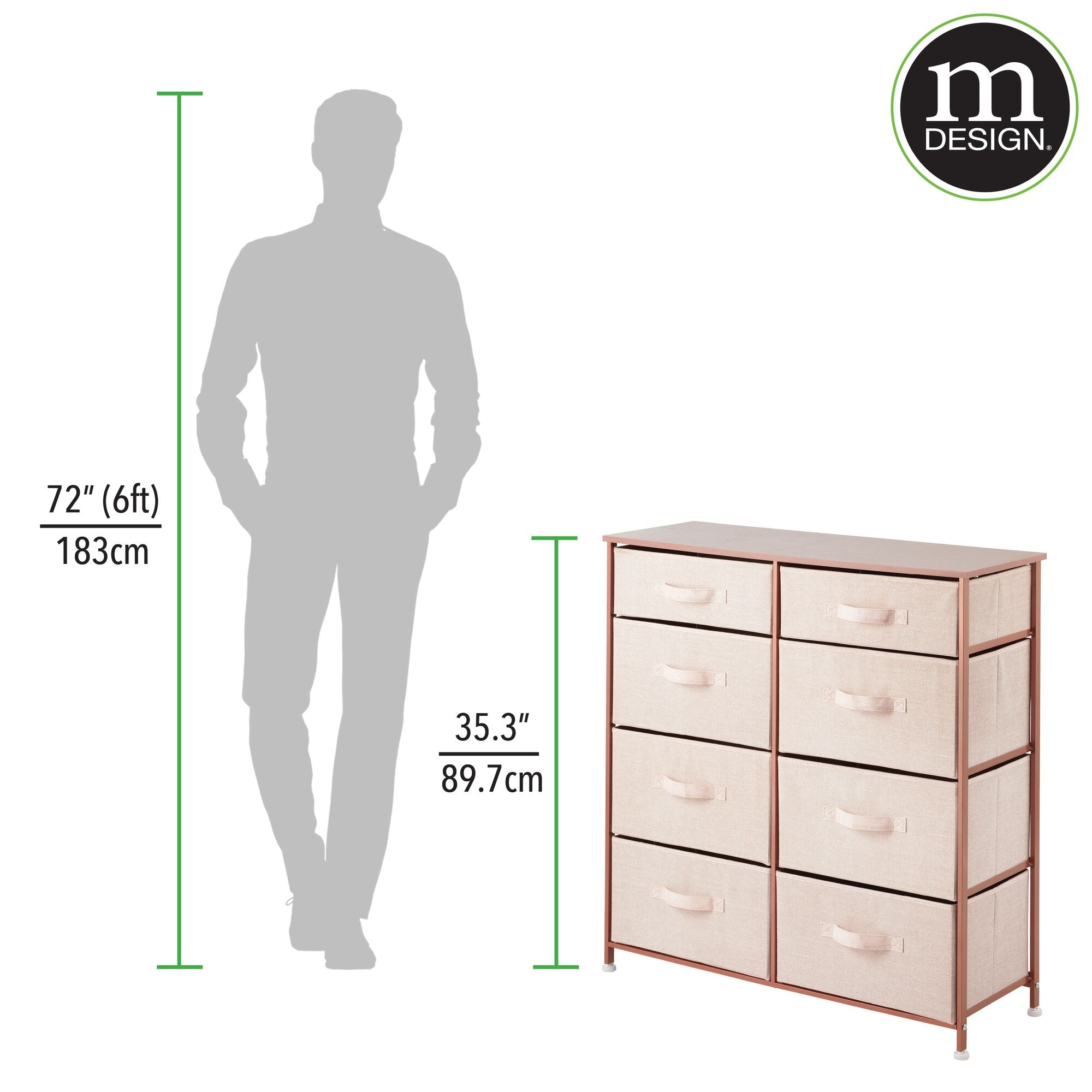 mDesign Tall Steel Frame/Wood Top Storage Dresser Furniture Unit with 8 Slim Removable Fabric Drawers, Large Bureau Organizer for Bedroom, Living Room, Closet - Lido Collection, Light Pink/Rose Gold