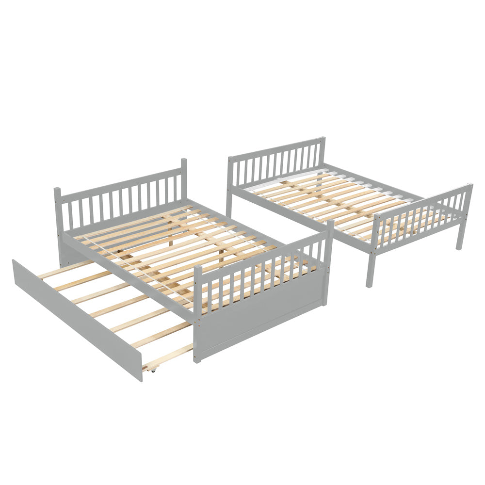 Full Over Full Bunk Bed with Trundle, Wood Bed Frame and Ladder with Guard Rails for Kids, Toddlers, Teens, Boys and Girls, Gray