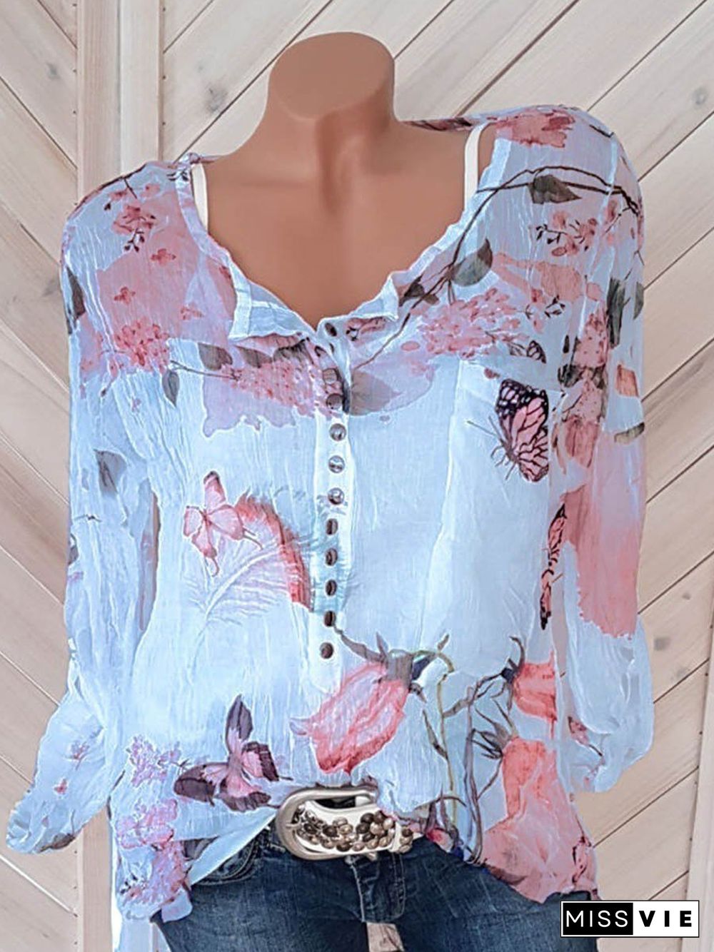 Floral Breeze V-Neck Buttons Long Sleeves Shirt Top