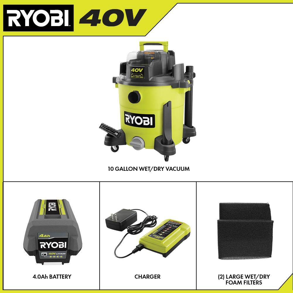 RYOBI 40V 10 Gal. Cordless WetDry Vacuum Kit with 40V 4.0 Ah Battery 40V Charger and Replacement Foam Filters (2-Pack) RY40WD01K-A32WF02