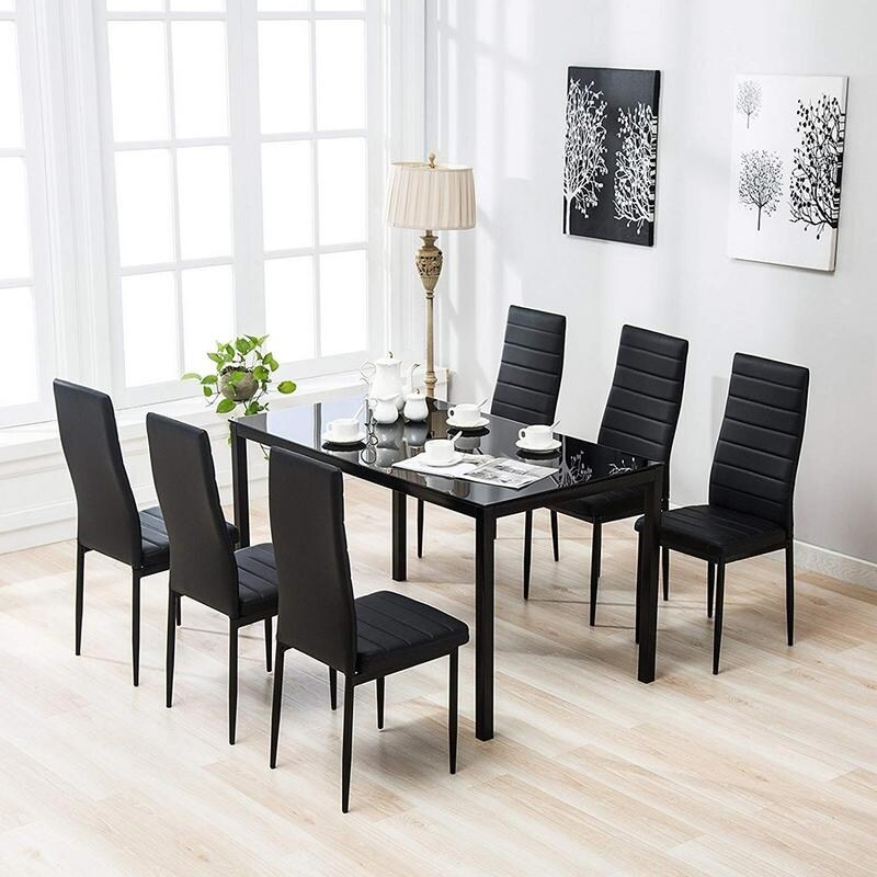 7 Piece Kitchen Room Furni Glass Top Dining Table Set