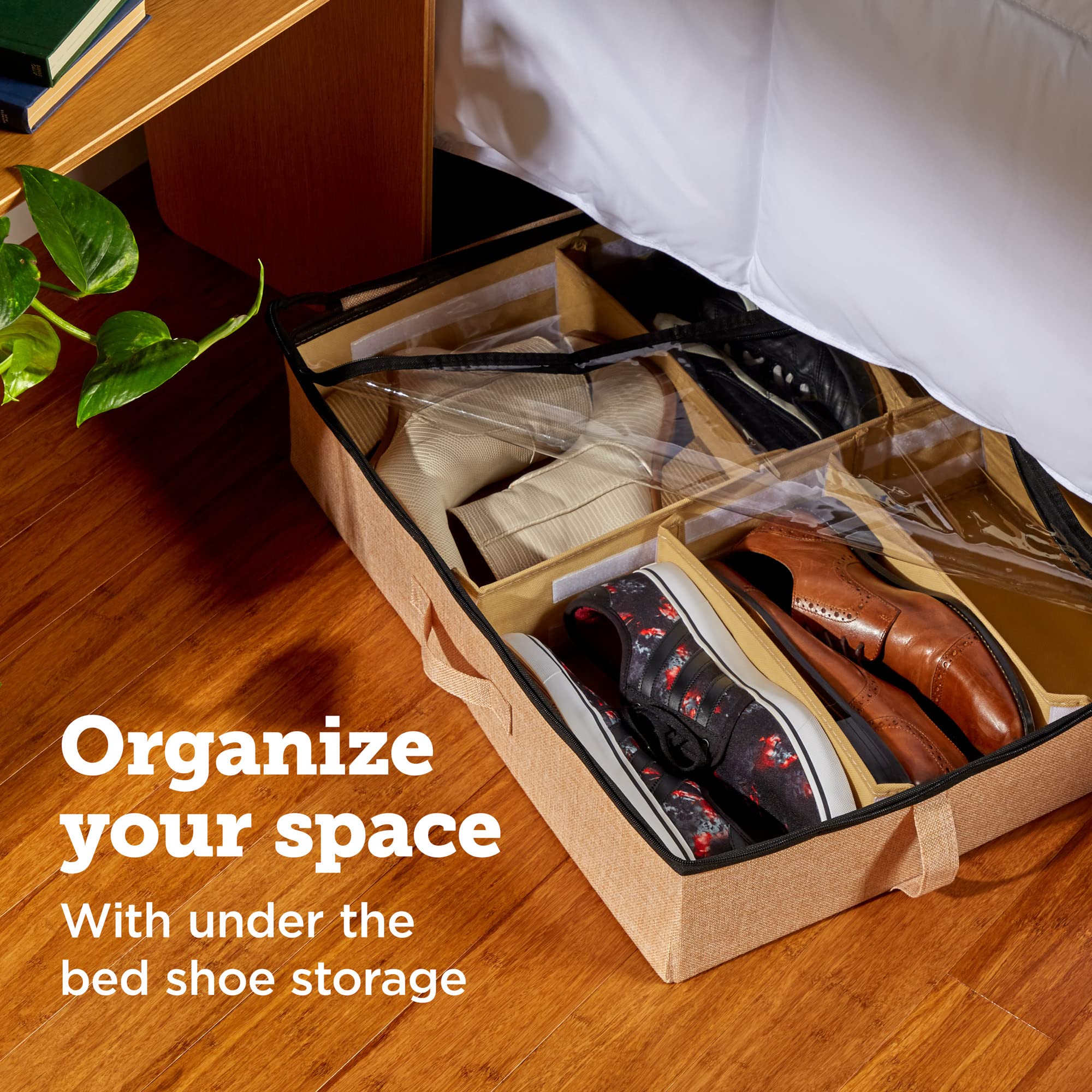 storageLAB Under Bed Fabric Shoe Storage， Fits 24 Pairs， Set of 2， Straw