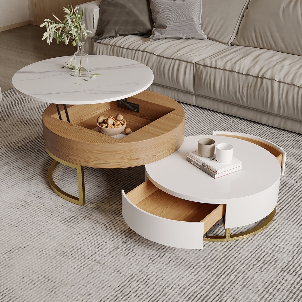 Round Coffee Table White with Storage Lift Top Wood Coffee Table Lifts up with Rotatable Drawers White Natural