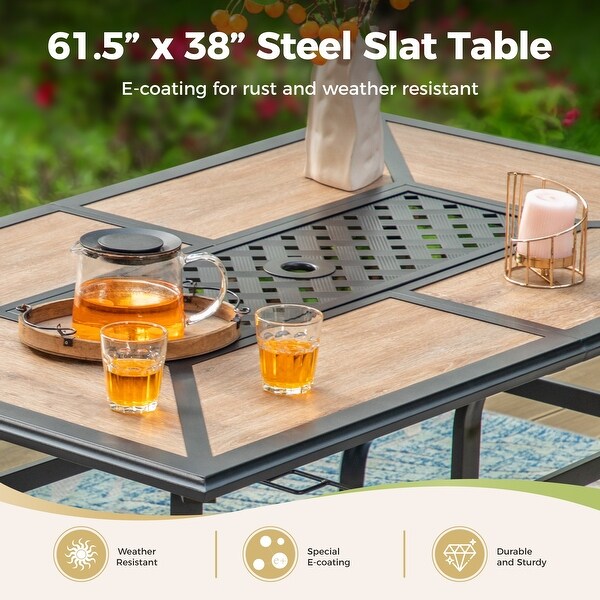 MAISON ARTS Patio Dining Set 7Piece Metal Woodlook Geometric Rectangle Table and 6 Textilene Chairs