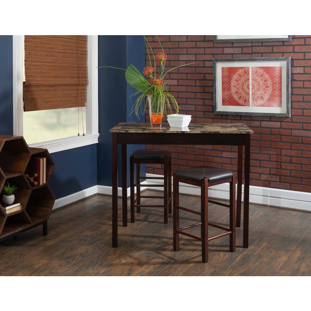 Linon Home Decor Tahoe Espresso Wood with Faux Marble Top 3-Piece Tavern Set and Padded Seats 02859SET-01-KD-U