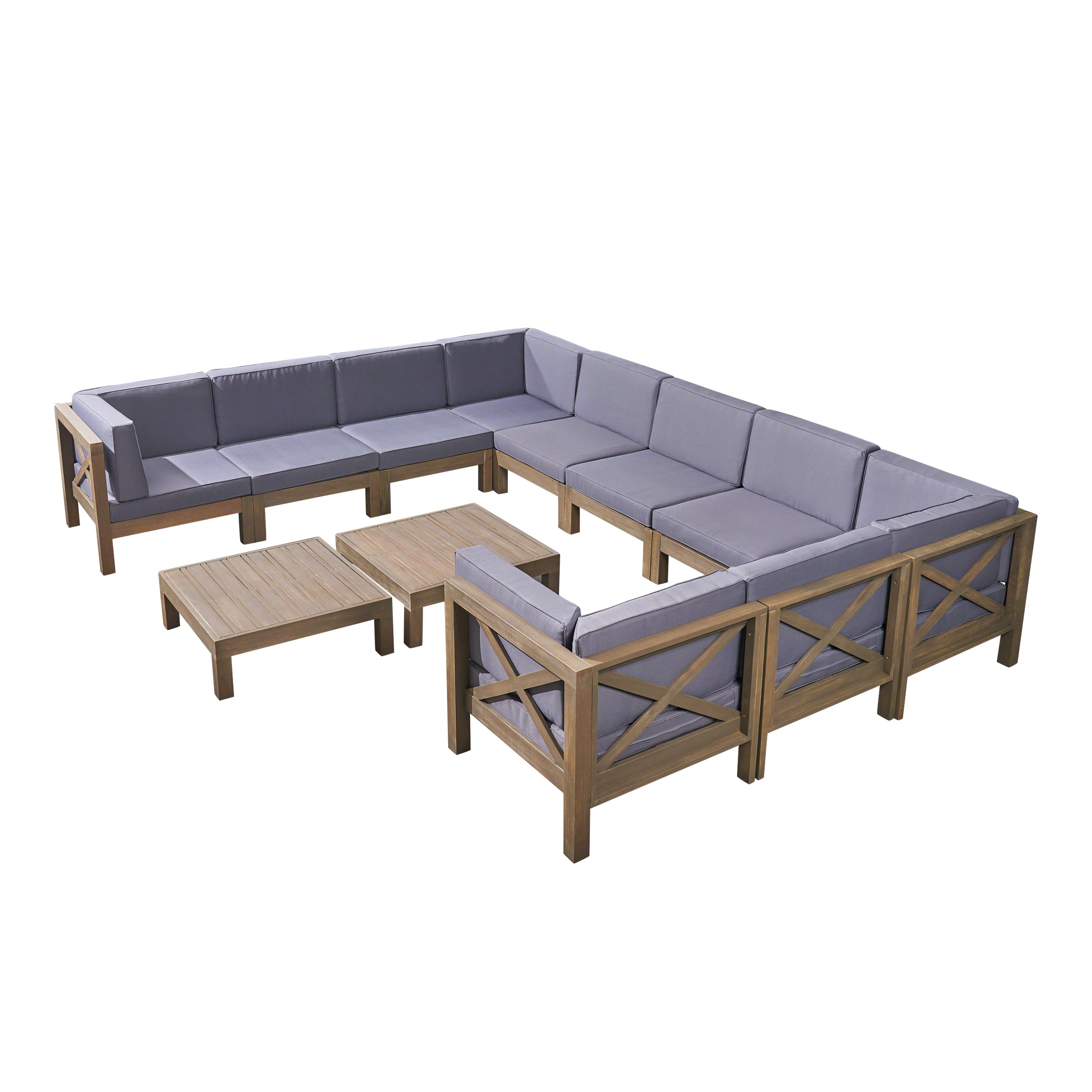 Cynthia Outdoor Acacia Wood 12-Piece U-Shaped Sectional Sofa Set with Two Coffee Tables