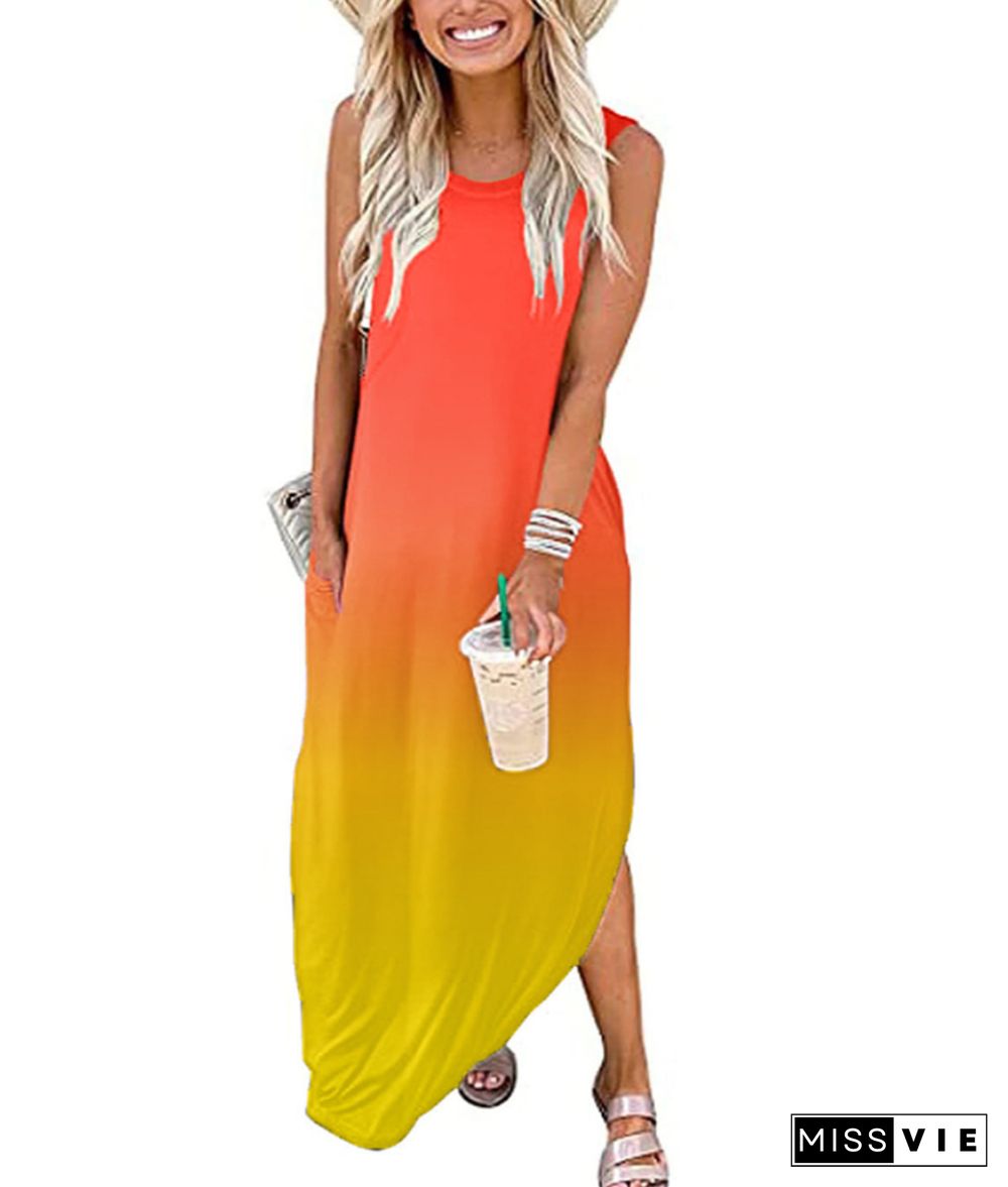 Gradient Print Loose Pocket Sleeveless Split Maxi Dress