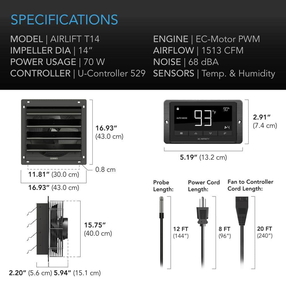 AC Infinity Airlift T14 1513 CFM 14 in Indoor Wall Mount Shutter Exhaust Fan with Temperature Humidity Controller