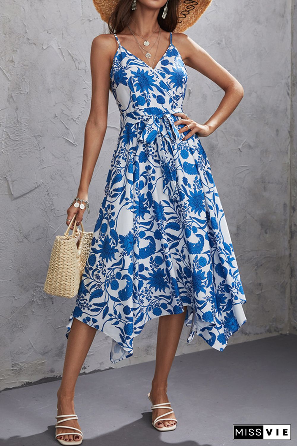 Blue Floral Irregular Spaghetti Wrap Split Dress