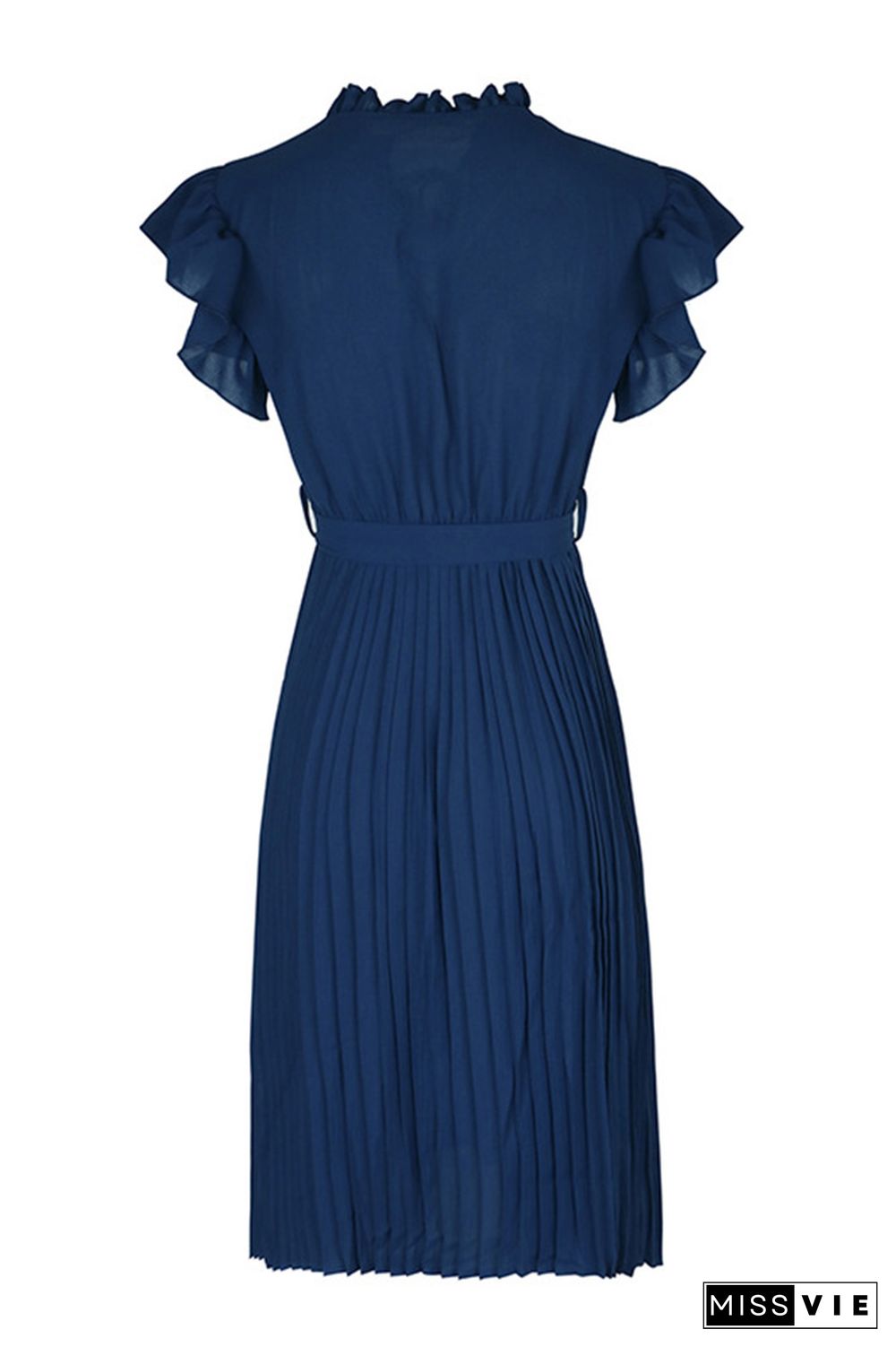 Navy V Neck Pleated Midi Dress