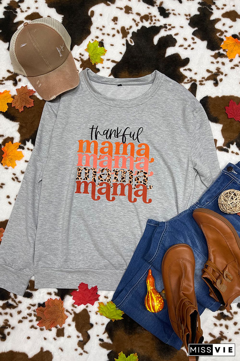 Thankful Mama Stacked Print O-neck Long Sleeve Sweatshirts Women Wholesale